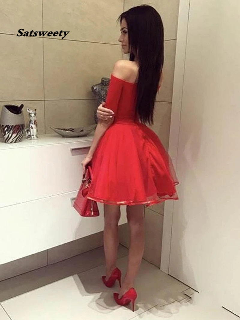 Сексуальная линия с плеча Половина рукава красный короткий Выпускной платье платья на выпускной, вечер встречи выпускников шикарное маленькое черное платье