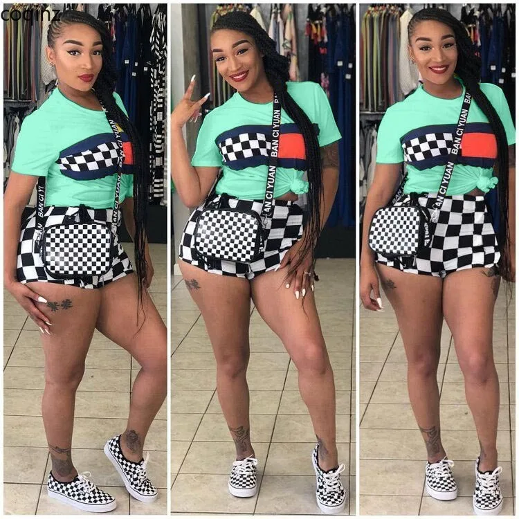 plus size summer two piece set crop top and shorts set 2 piece set women club outfits matching sets ensemble femme 2 pieces S641