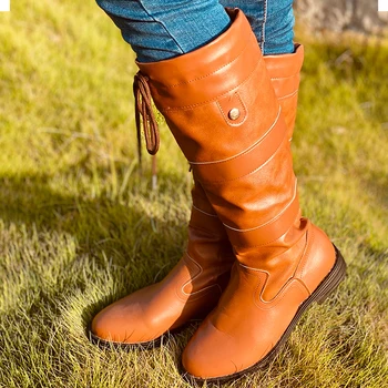 

Spring Women Autumn Flat Long Pu Soft Leather Motorcycle Boot Shoes Lady