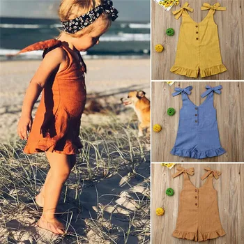 

pudcoco Kids Baby Girl Summer Solid Ruffle Romper Jumpsuit Overall Fashion Lolvey V-Neck Button Outfit Cotton linen Sunsuit 1-6Y