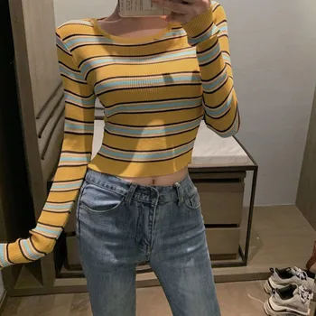 

Women Autumn Winter Sweater Fashion Casual Striped Print Slim Thin Sweater Long Sleeve Round Collar Slim Bottom Knit Sweater