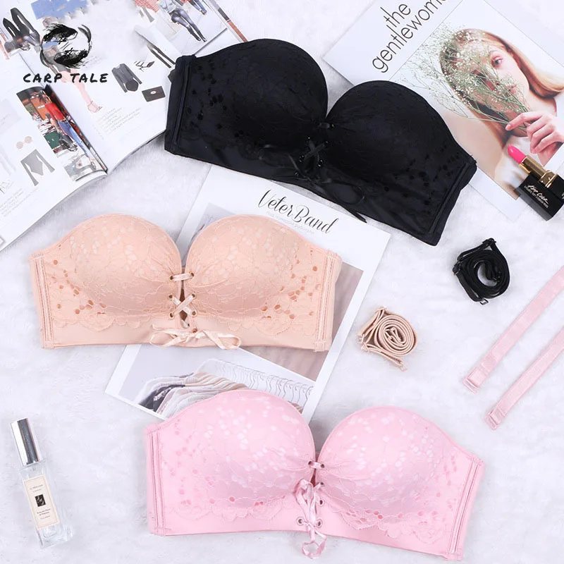 

Strapless Invisible Bra Gathered No Steel Ring Bra Ladies Thin Section Cotton Lace Black Pink Sexy Bra Ladies Women Lingerie