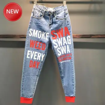 

Woman Jeansfashion spray paint letters printing high waist loose feet harem jeans women 2020 Spring new