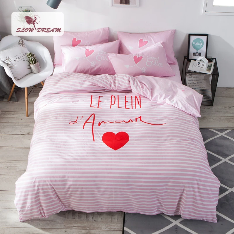

SlowDream Love Heart Bedding Set Flat Sheet Elastic Band Bed Linen Rubber Sheet 100% Cotton Healthy Decor Home Duvet Cover Set