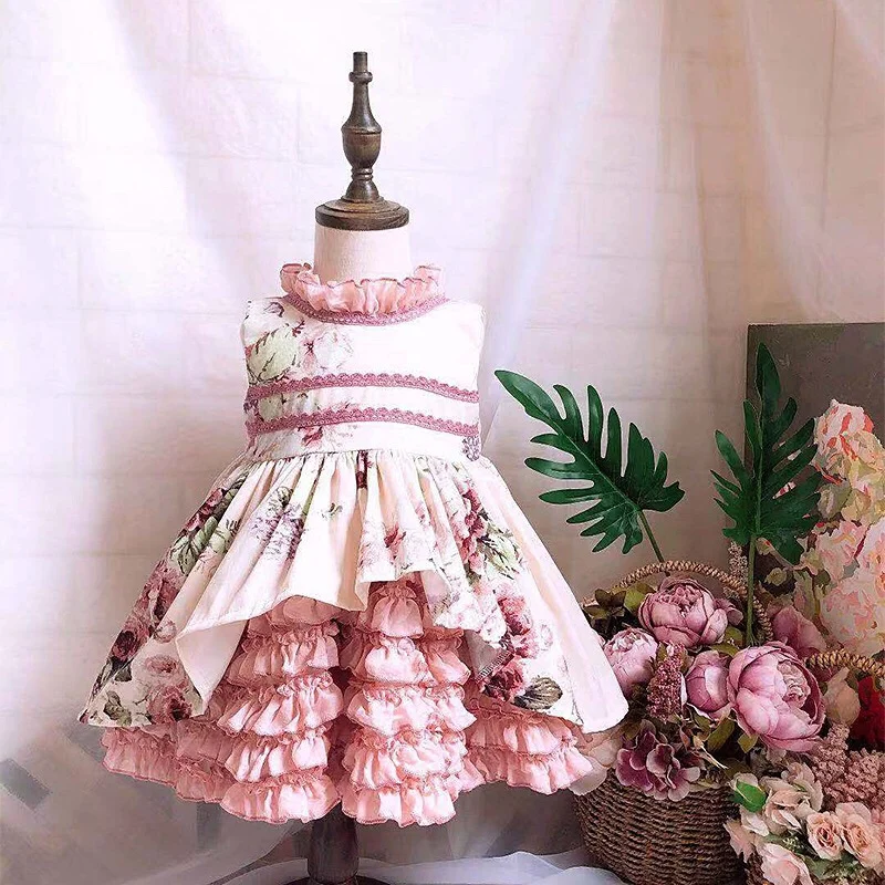 От 0 до 7 лет для маленьких девочек; сезон осень-зима; розовое винтажное платье принцессы в стиле испанской Лолиты с цветочным рисунком для девочек; Повседневное платье для дня рождения и рождественской вечеринки