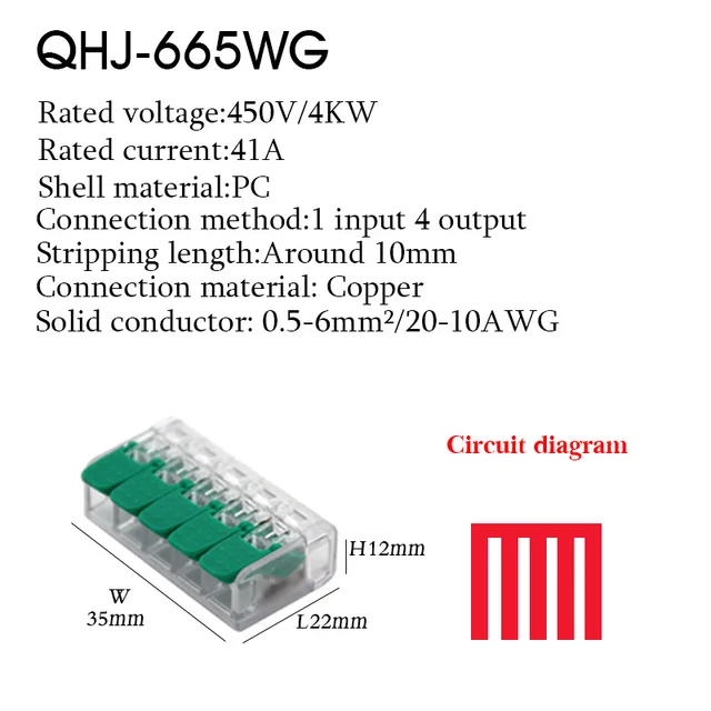 Cable Wire Connectors Mini Quick Terminal Block Universal Compact Wiring Electrical Connector Push-in For 4mm2 6mm2 Transparent 665WG