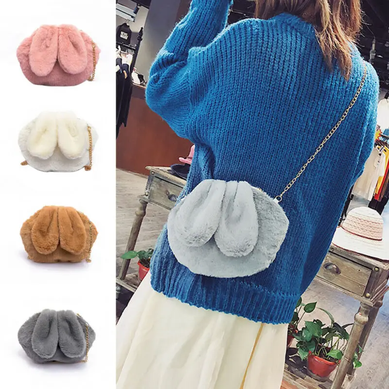 

Pudcoco Lovely Women's Cute Rabbit Ears Plush Purse Shoulder Handbag Tote Messenger Satchel Small Mini Bags Cross Body Bags