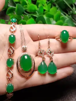 

Natural S925 Green Chalcedony Silver Plated Suits Sweet Lady Agate Ice Round Ring Water Drop Earrings Round Gemstone Pendant
