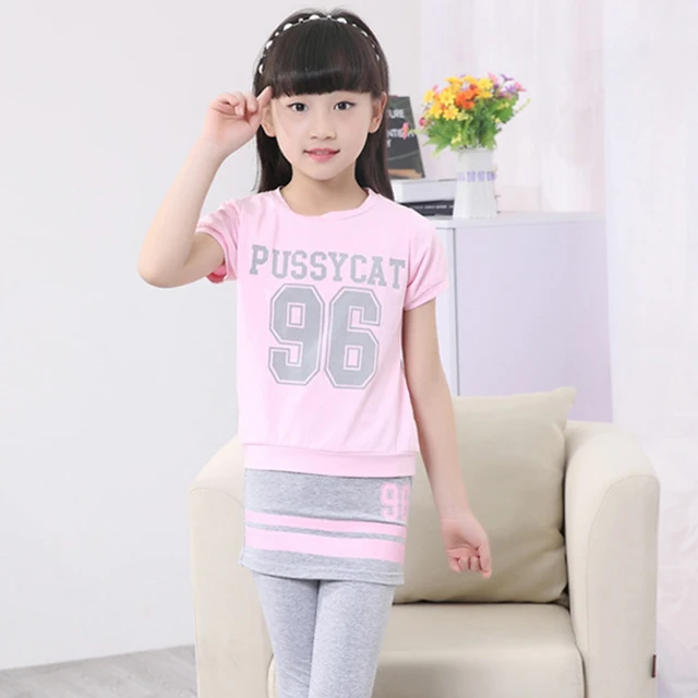 US $5.22 Girls Sports Suits Jogging Summer Kids Clothing Set Girls Short Sleeve Tshirt + Leggins Sweatsuit L