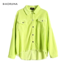 BIAORUINA, корейский стиль, женская зеленая Вельветовая однотонная куртка с отложным воротником, женская Свободная куртка в стиле сафари, пальто с кисточками