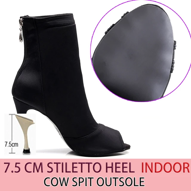 Discounts Sale Jazz Salsa Ballroom Latin Dance Shoes High Heel For Dancing Women Training Ladies Black Flock 1022 Summer Boots rubber 7.5cm heel
