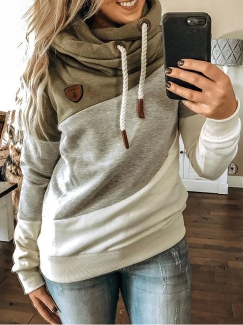 

Autumn / winter 2020 new women's three color splicing drawstring hooded casual fashion sweater