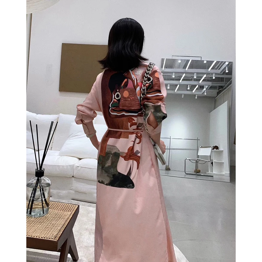 

Runway Designer 2019 Women Pink Dress Vintage Abstract Pattern Print Lace Up Autumn Shirt Dresses Robe Longue Femme Vestidos