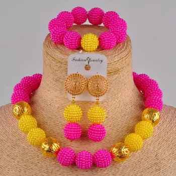 

fashion fuchsia pink yellow african jewelry set simulated pearl beads necklace bracelet earrings set jewelry for women FZZ09