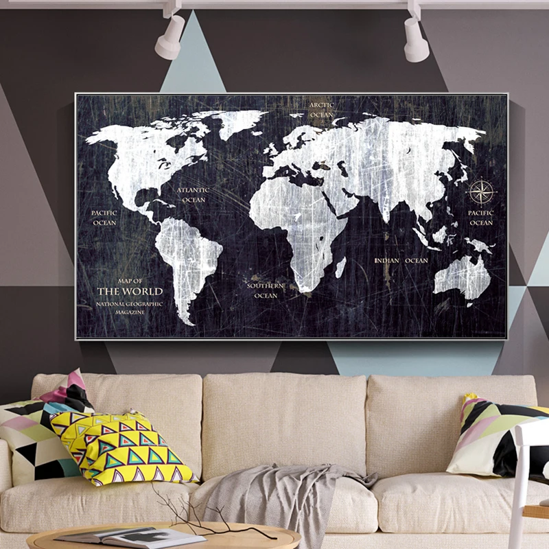 Vintage HD WORLD MAP Canvas Painting Printing Poster Wall Pictures For Living Room Black Map Decorative Art Home decor