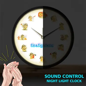 

Fire Fighter Hero Sound Activated Wall Clock Bear Fireman With Rescue Equipment Home Decor Firefighter Cartoon LED Light