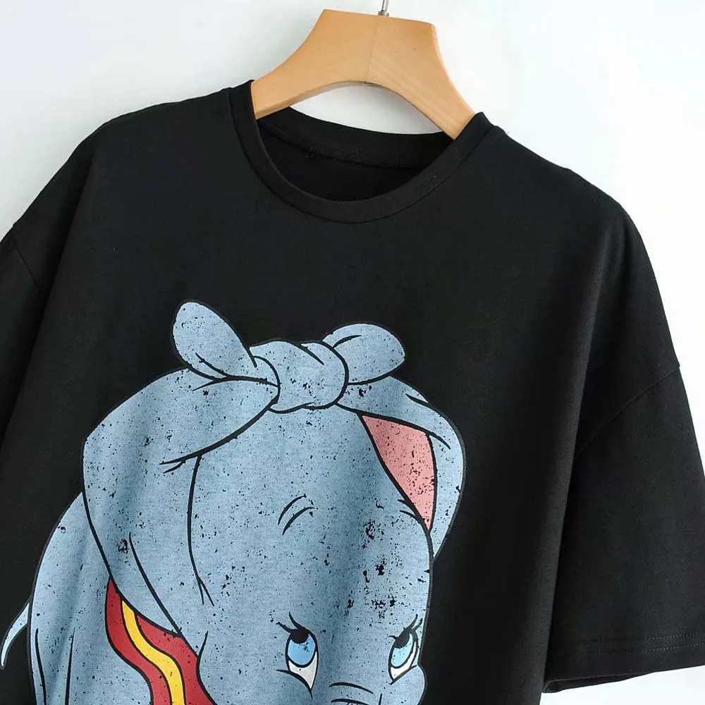 Disney Мода слон Дамбо мультфильм печати черная футболка с круглым вырезом Пуловер короткий рукав повседневные милые стильные женские футболки топы