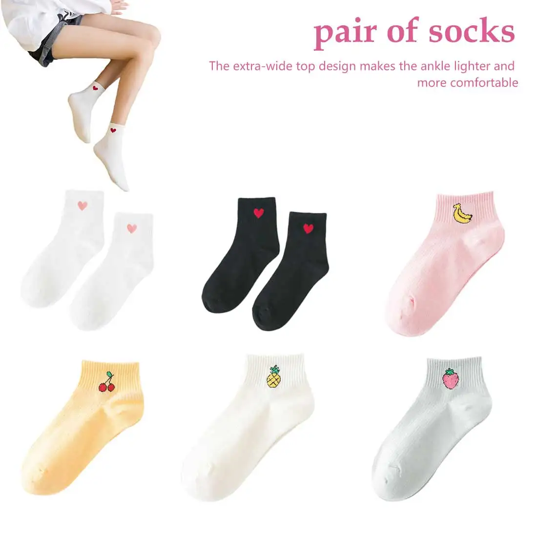 Корейские носки с принтом в форме сердца, Носки с рисунком фруктов, летние милые яркие женские носки для колледжа, хлопковые высокие носки