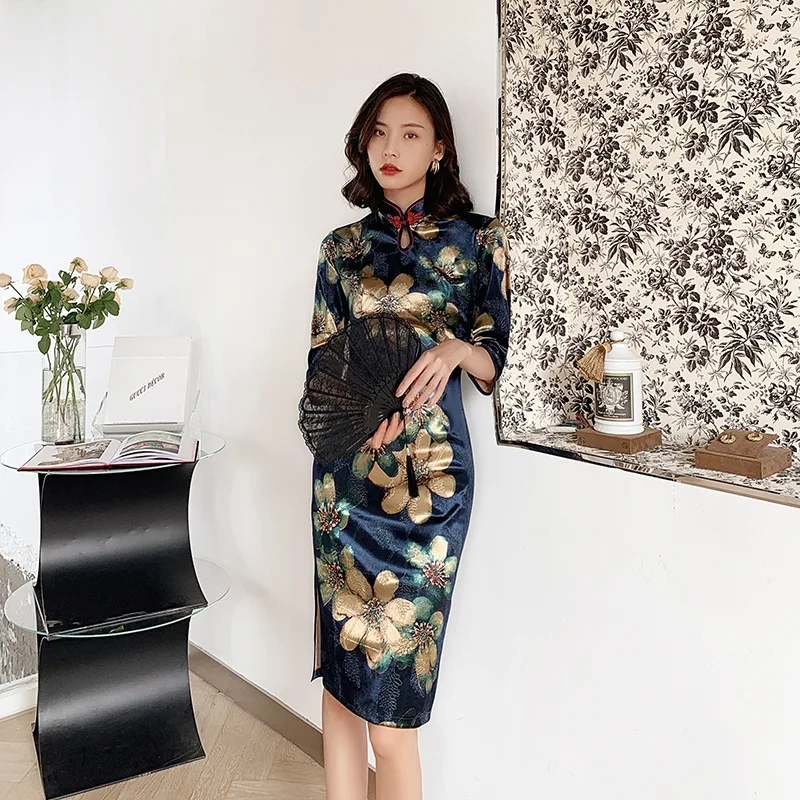 Сексуальное классическое велюровое цветочное женское Восточное Ципао Cheongsam