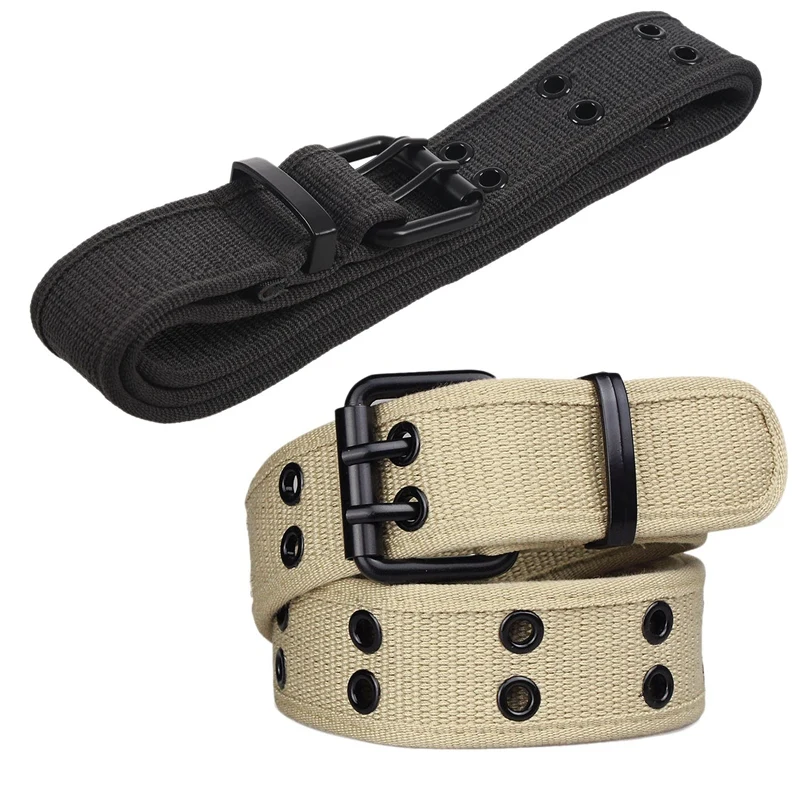 

2 Pcs New Canvas Web Belt Two Hole Grommets Black Metal Roller Buckle Men Women, Khaki & Gray