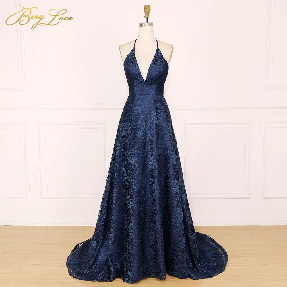 

Berylove Sexy Navy Lace Evening Dress 2020 V Neck Elegant Evening Gown Halter Long Formal Abiye Slit Prom Party Dress vestido