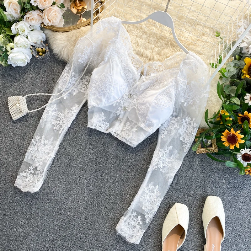 Neploe, винтажные кружевные женские короткие блузки с вышивкой, пышные Блузы с длинным рукавом и v-образным вырезом, топ,, Весенний укороченный топ, рубашки 56946