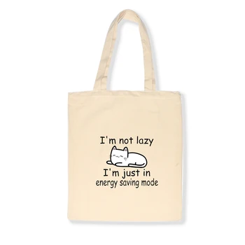 

I Am Not Lazy Letter Print Animal Women Kawaii Canvas Bag Reusable Shopping Bags Large Foldable Eco Bag Simple Female Handbag