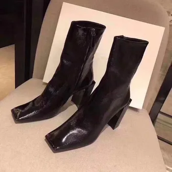 

Fashion Genuine Leather Ankle Boots for Women Black Ladies Shoes Square Toe High Heels Motorcycle Boot