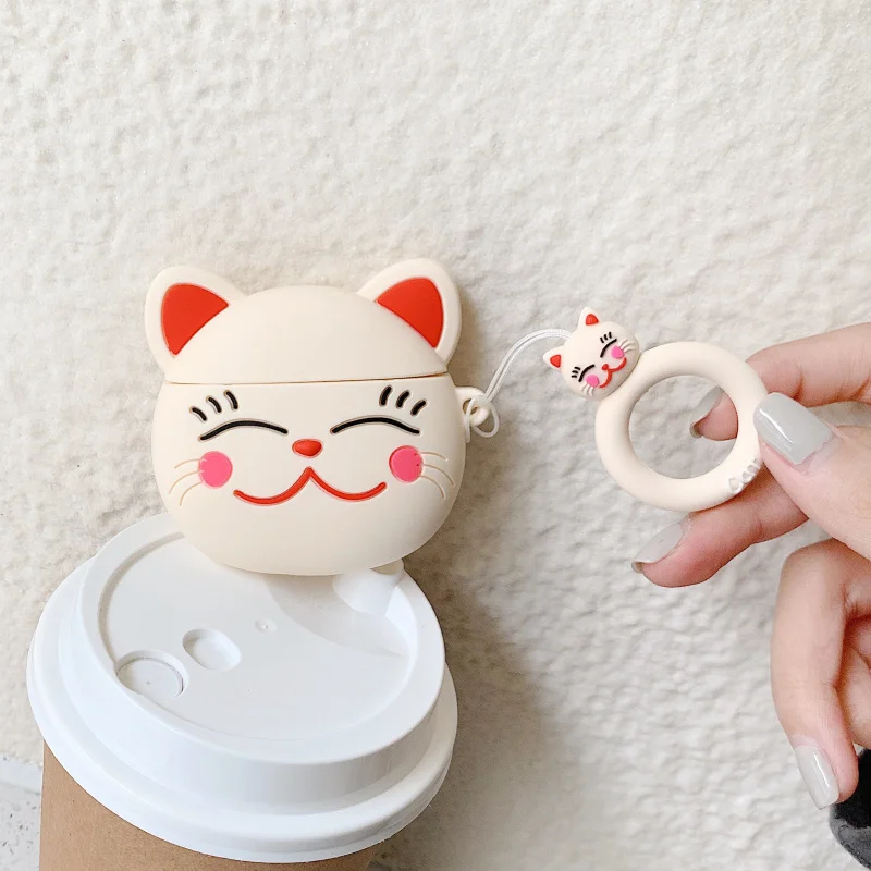 Мультяшные Милые 3D lucky cat для Apple беспроводные bluetooth-гарнитуры Чехлы для airpods 2 чехол силиконовый Ударопрочный Мягкий корпус кольцо пряжки короткий канат для airpods защитный чехол для зарядки коробки