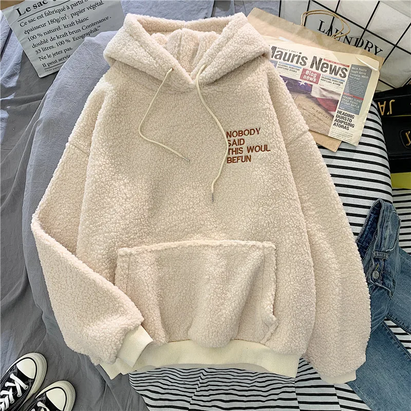 

Winter Coat Pink Sweet Hooded Sorry Print Harajuku Loose Pocket Hoodies Womens Fleece Flannel Pullover Female Sweatshirt