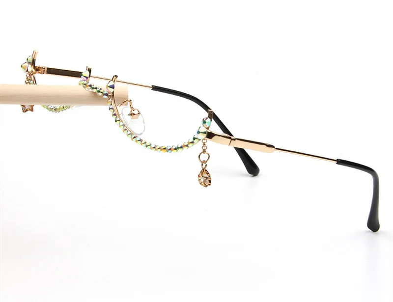 Полуоправа для очков, оправа из сплава, женские роскошные маленькие очки со стразами, с цепочкой, Кристальные линзы, оправа для очков