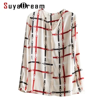 

SuyaDream Women Silk Blouse 92%Silk 8%Spandex Plaid Printed Long Sleeved Round Collar OFFICE Lady Blouses SHIRT 2020 Spring Top