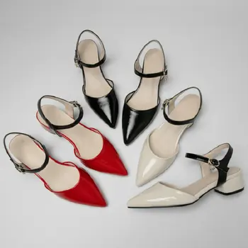 

Sianie Tianie patent PU leather pointed toe chunky middle heels office lady home working woman shoes womens sandals plus size 43