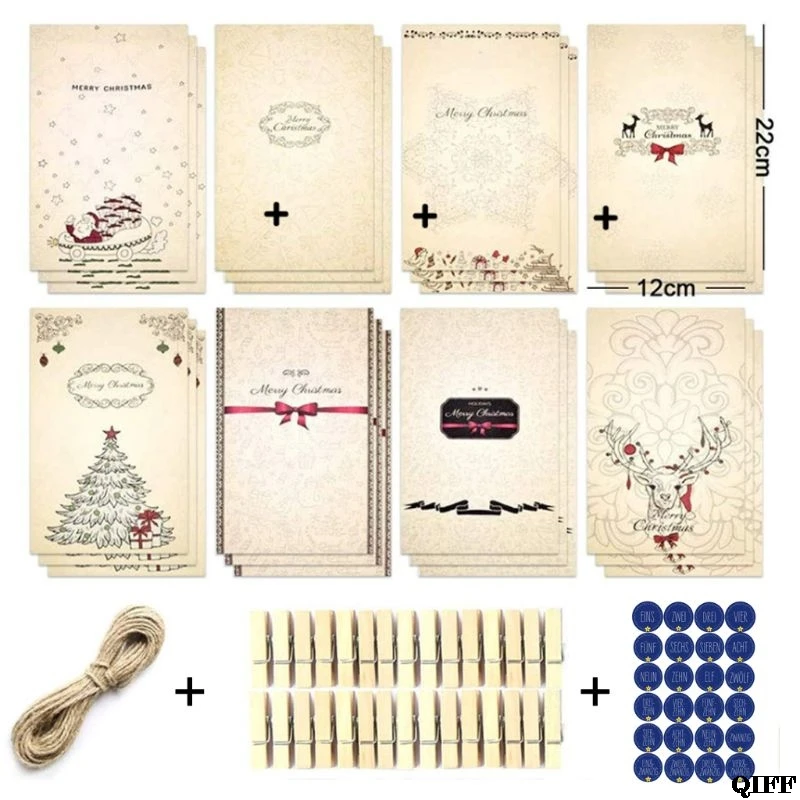 24Pcs Advent Christmas Calendars Kraft Paper Candy Bag with Stickers Clips Rope