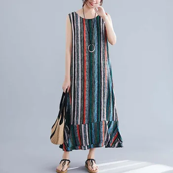 

Johnature New Casual Striped Women Dresses 2020 Summer Simple O-neck Sleeveless Patchwork Hit Color Ruffles Female Dress