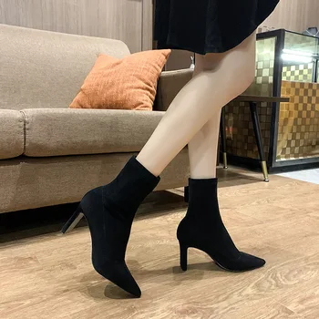 

new high-heeled cool boots, suede elastic 2020 spring and autumn women's boots, thin heel pointed thin boots women's