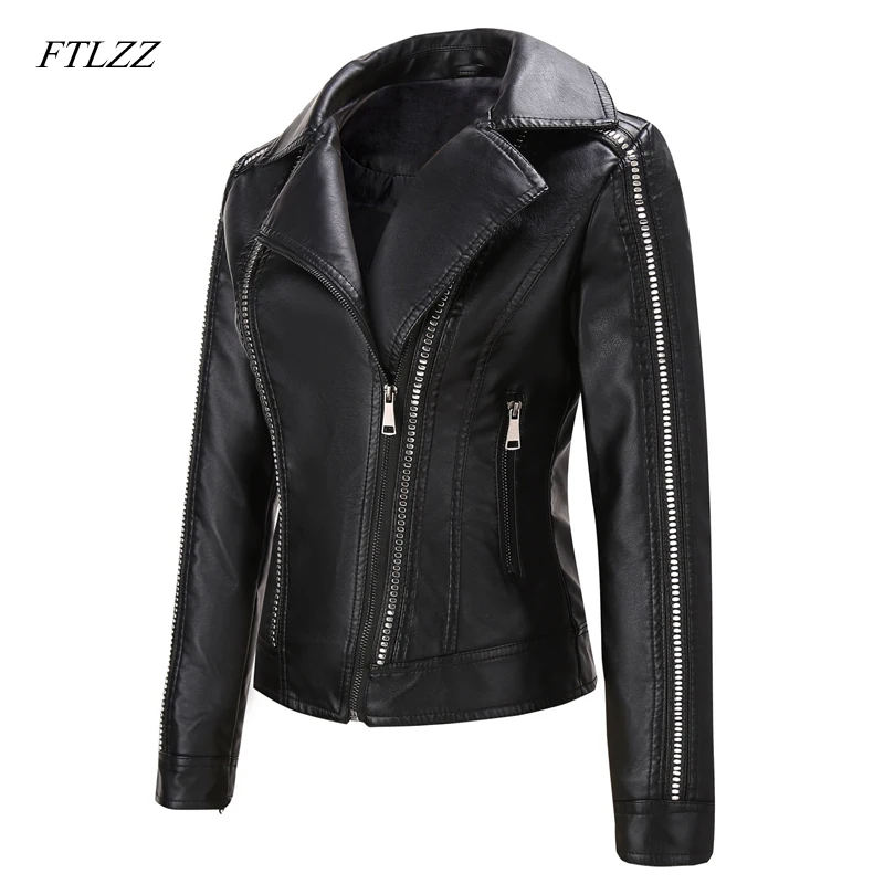 

FTLZZ New Women Punk Style Rivet Zipper Short Faux Leather Jacket Streetwear Moto Biker Turn Down Collar Female Pu Coat Outwear
