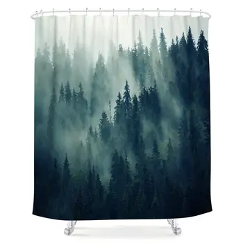 

Forest Shower Curtain Foggy Rainforest Pine Tree Green Fir Landscape Woodland Scene Rustic Vintage Fabric Waterproof Bathroom