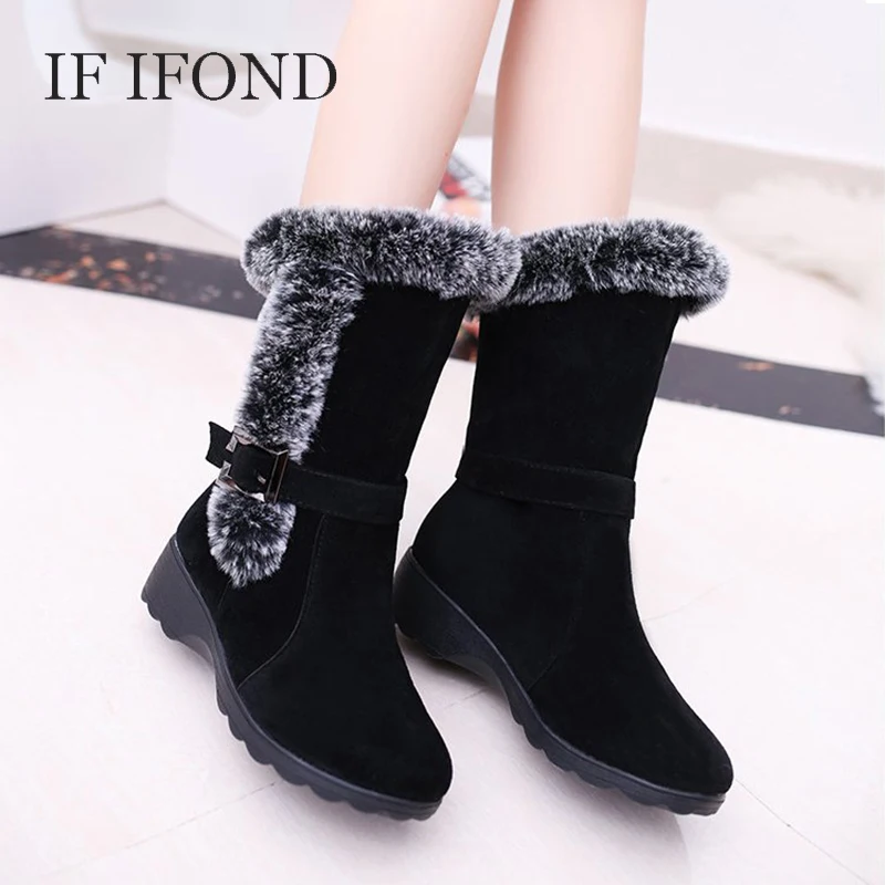 

IF IFOND Winter Boots Women Fashion Wedges Buckle Round Toe Mid Calf Boots Woman Silod Color Snow Boots Women Shoes 2019 Mujer