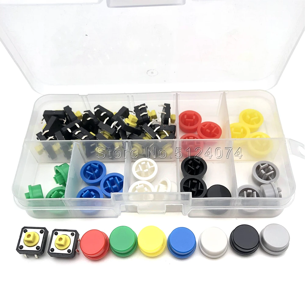 

56pcs/lot 12*12*7.3MM yellow head touch switch button circular Momentary micro switch button + 28PCS Tact Cap (7 colors) Arduino
