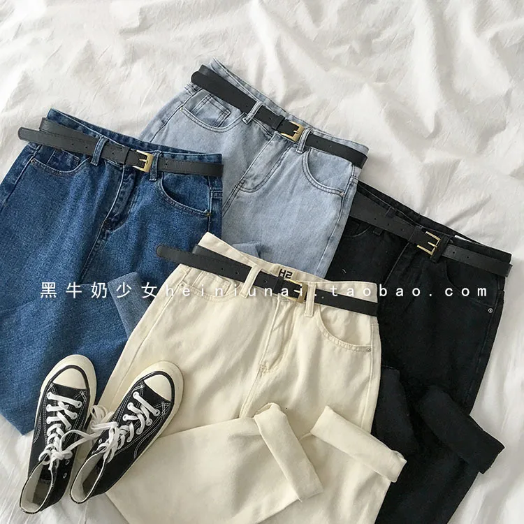 Boyfriend Basic женские джинсы с высокой талией Прямые повседневные длинные женские брюки синие белые черные уличные брюки