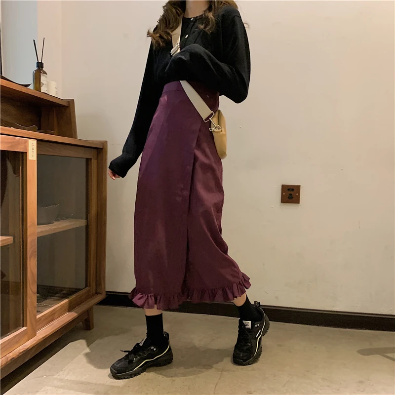 

Women Ruffle Long Bud Skirt Long Sundress 2020 Vintage Slim Split Zipper Casual Summer High Waist Purple