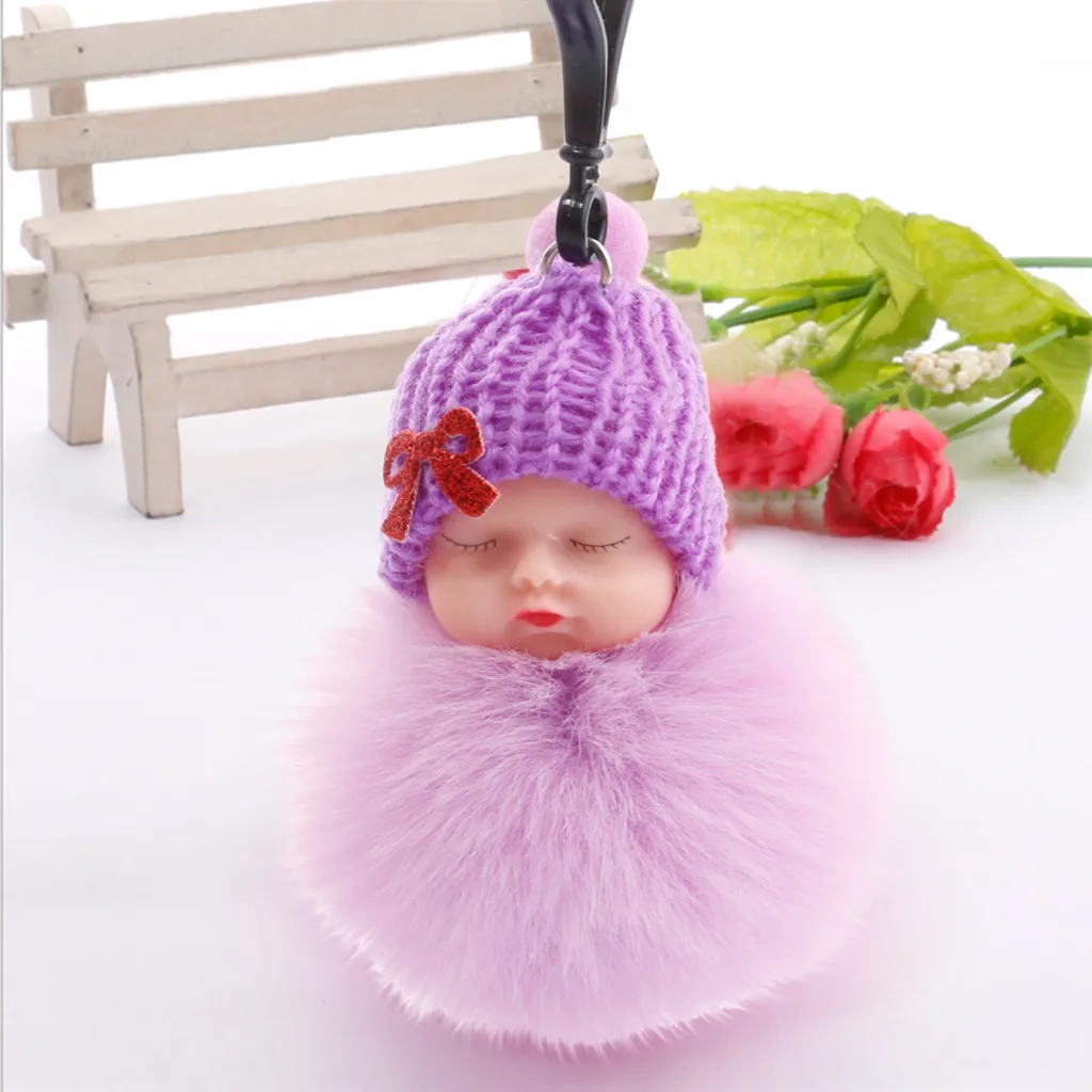 Mini Dolls Toy Cute Sleeping Baby Bowtie Fluffy Pompom Fur Plush Doll Keychain Keyring Key Ring 4