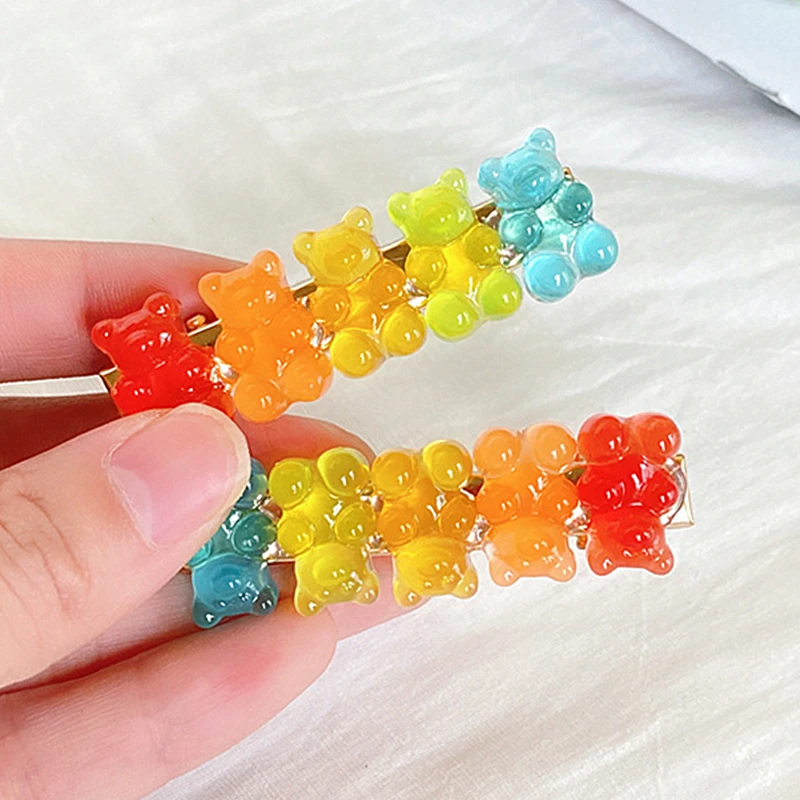 NEW 2pcsCandy-colored Jelly 5 Bear Shape Resin Hair Clips Cute Cartoon  Hairpin Women Girls Hair Accessories Gift 5.5cm