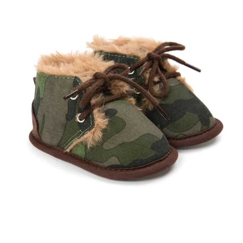 Новинка; зимние меховые ботинки для новорожденных мальчиков и девочек; Теплая обувь; повседневные ботинки с леопардовым принтом для первых шагов; 0-18 месяцев - Цвет: 2--Camouflage green