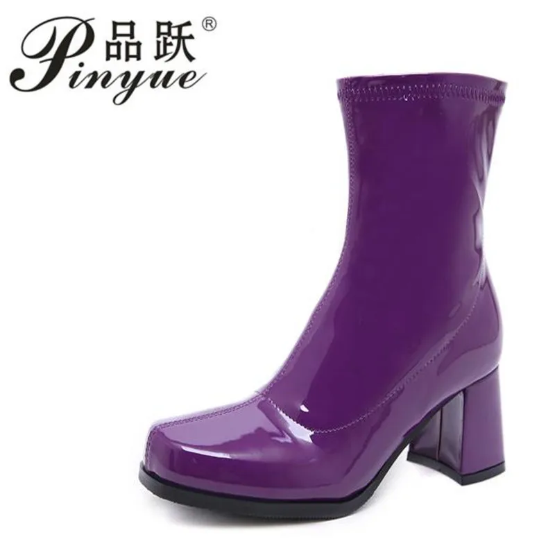 

Female Fashion Chelsea Boots Comfort Thick High Heel Ankle Boots Square Toe Slip On Autumn Winter Shoes Women 2019 Purple blue