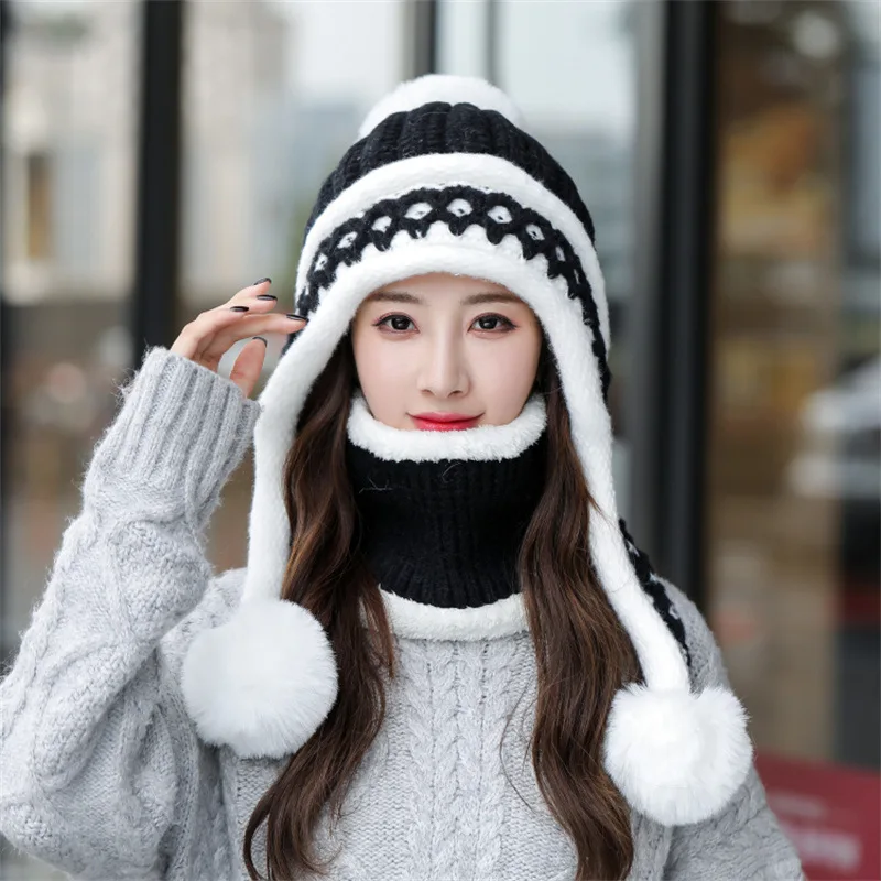 2021 Woolen Hat Women Winter Ear Protection Knitted Hat Bib Two-piece Plus Velvet Warm and Windproof Cycling Hat