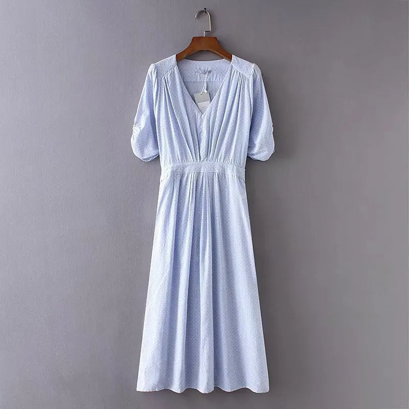 

2018 Western Style Spring And Summer WOMEN'S Dress New Style Hemp Cotton V-neck Polka Dot One Piece Long Skirts Short Sleeve Ple