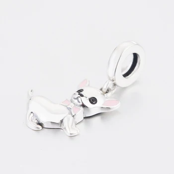 

925 Sterling Silver Chihuahua Dog Pink Enamel Ear Bead Fit Original Pandora Charm Bracelet For Making Women Jewelry Berloque NEW