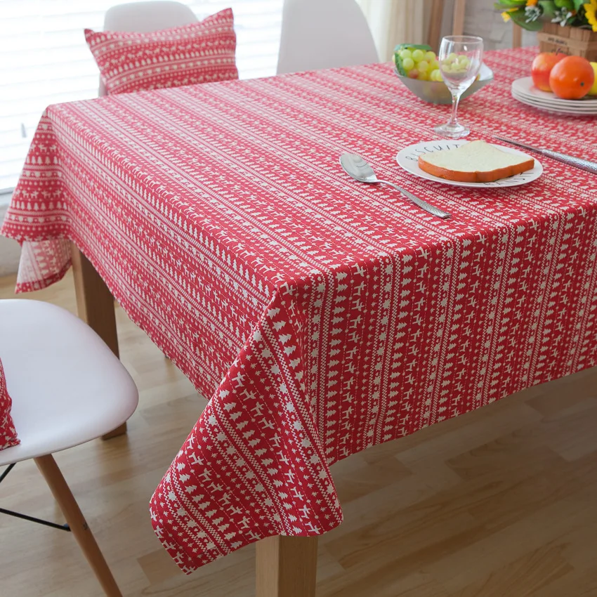 

Red Fawn Christmas Tree Pastoral Striped Cotton Square Table Round Tablecloth Covered Tea Table Table Mat